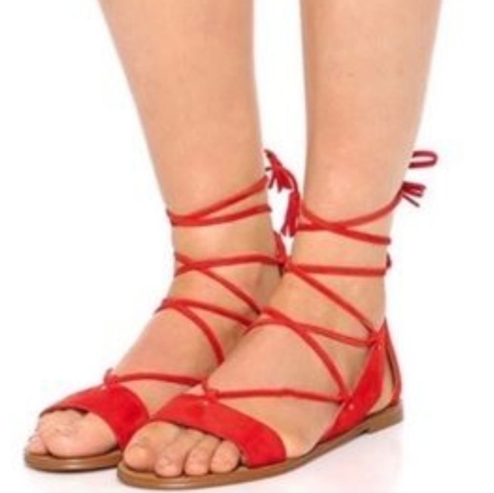 Madewell Red Bridget Suede Lace Up Tassel Sandals 6
